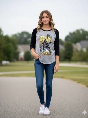 Star Wars Fifth Sun Raglan 3/4 Sleeve Baseball Tee Shirt Heather Gray Medium NWT